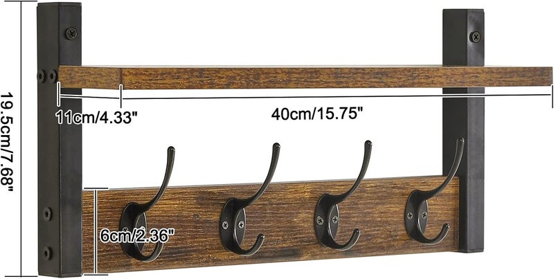 YMYNY Coat Rack Shelf Wall Mounted, Coat Hooks Set of 2, Entryway Coat Hanger with 8 Hooks, 31.5" Wall Floating Shelf with Hat Rack, for Kitchen, Bedroom, Bathroom, Rustic Brown UHWS001H-2 - Image 5